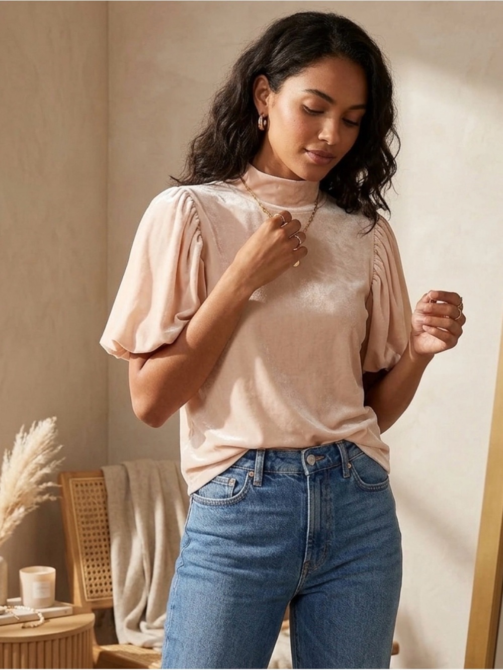 Free People Blush Puff Sleeve Velvet Top